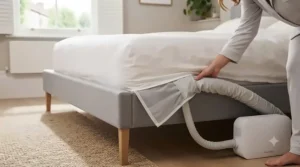 Step-by-step installation of an under-sheet bed fan, showing the air distribution nozzle being fitted neatly beneath a fitted cotton sheet.
