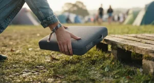 A step-by-step diagram demonstrating how to place a cooling cushion on damp grass or hot festival seating.