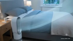 Diagram and visual setup showing the correct placement of the quietest bed fan for sleeping to circulate air over the bed sheets.