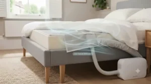 Diagram illustrating gentle airflow circulating evenly beneath the bed sheets to reduce night sweats and overheating during hot weather.