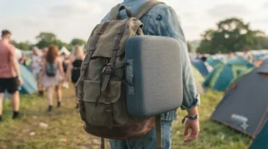 A compact, lightweight cooling cushion strapped to a festival backpack for easy carrying across campsite fields.