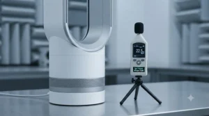 A decibel meter showing low noise levels next to a quietest bed fan for sleeping, highlighting its ultra-low sound output for bedrooms.