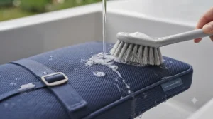 A removable, zipped cover of a cooling chair pad being unzipped for easy machine washing.