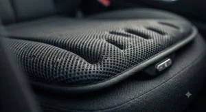 A macro, photorealistic 4K photograph of a detailed black mesh cooling car seat cushion, installed on a modern car seat. The image focuses tightly on the intricate, three-dimensional woven polyester mesh fabric of the cushion's surface. Natural, soft daylight from the side highlights the complex, open-cell structure of the mesh, revealing countless tiny ventilation pores. Several larger, structured ventilation channels are clearly visible, designed for maximum airflow. The texture of the mesh is tangible, with individual threads and the depth of the weave sharply defined.