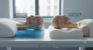 Illustration comparing neck support and spinal alignment between a gel cooling pillow insert and a contour memory foam cooling pillow.