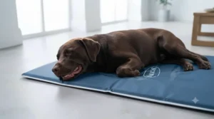Non-toxic pressure-activated cooling mat activating instantly under the weight of a resting Labrador.