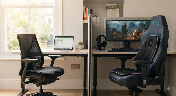 Side-by-side comparison of an office chair cooling pad and a gaming chair cooling pad on a workspace setup in a UK home. office chair cooling pad vs gaming chair cooling pad