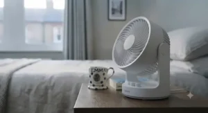 An oscillating mini fan moving from side to side to distribute cool air evenly across a small bedroom.