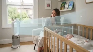 Diagram showing gentle, widespread airflow circulation from a quiet fan in a nursery.