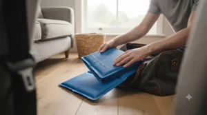 A folded lightweight cooling mat for cats tucked inside a travel pet bag, ready for a summer car journey.