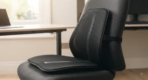 Slim and portable office chair cooling pad placed neatly on a standard corporate desk chair.