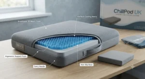 An infographic breakdown of a portable gel cooling cushion showing breathable mesh fabric and temperature-regulating layers.
