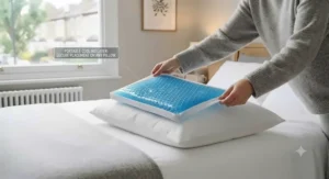 A portable gel cooling pillow insert being placed onto a standard bed pillow for instant temperature relief.