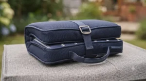 A lightweight, foldable cooling cushion being carried outdoors, ideal for picnics, camping, or garden lounging.