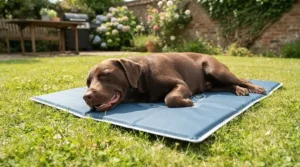 Portable outdoor dog cooling mat set up on a lawn during a sunny afternoon barbecue in the back garden.