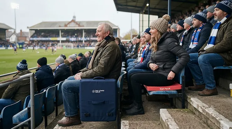 Comparison of a portable stadium cushion and a standard bleacher cushion on a UK football stadium stand seat, showing size and thickness differences. portable stadium cushion vs bleacher cushion