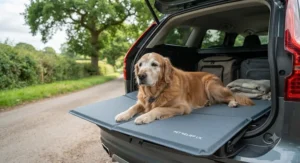 Foldable travel-friendly cooling mat laid out in the boot of a car for a dog trip in the UK countryside.