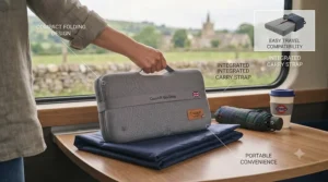 Lightweight and portable cooling cushion being carried, ideal for travel and daily outings.