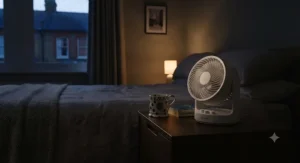 Close-up of a quiet desk and bedside fan running silently on a wooden tabletop during a warm summer night.