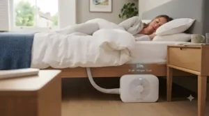 Peaceful bedroom setting highlighting the ultra-quiet motor of an under-sheet cooling fan designed for undisturbed sleep.