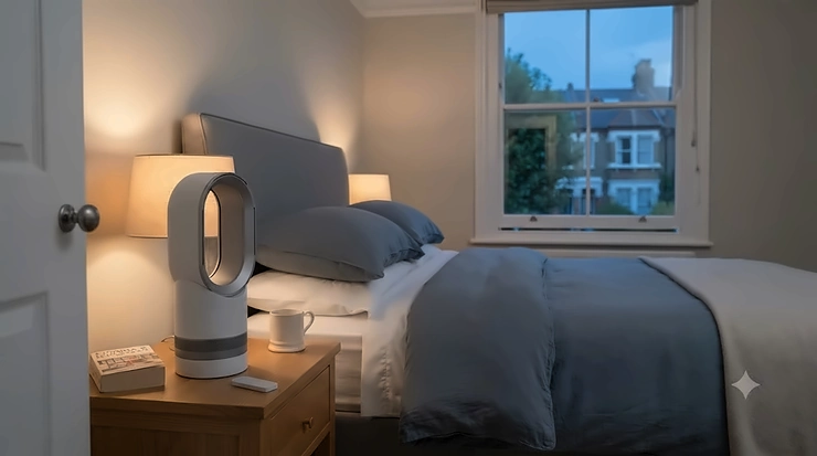 A sleek, whisper-quiet bed fan sitting on a bedside table in a modern British bedroom, illustrating the quietest bed fan for sleeping on a warm summer night. quietest bed fan for sleeping