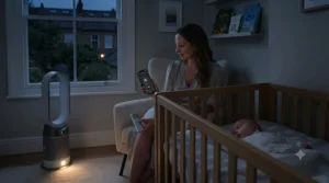 Parent using a remote control to adjust a quiet fan in a dark baby room at night.