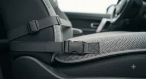 A detailed, photorealistic 4K photograph capturing a pair of hands demonstrating the ease of unzipping the removable outer cover from the charcoal grey mesh cooling car seat cushion from image_0.png. The scene takes place in a clean, naturally lit laundry room, with soft daylight from a window illuminating the textiles. The cushion is resting on a light-colored, clean canvas surface. A person's hands are shown operating a quality metal zipper with a fabric pull-tab, which runs along the seam. The zipper is partially opened, revealing the edge of the softer, internal foam padding beneath the mesh cover. The intricate texture of the mesh fabric and the detailed teeth of the zipper are in sharp focus.