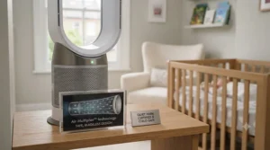 Close-up of a child-safe, bladeless quiet fan designed for a child's bedroom.