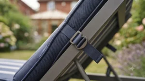 Detailed view of adjustable anti-slip straps and a rubberised backing keeping the garden seat cushion firmly in place.