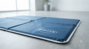 Self-cooling gel dog mat showing durable blue fabric designed to soothe large breeds without refrigeration.