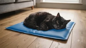An elderly black cat resting its joints on a supportive, pressure-relieving cooling mat for cats indoors.