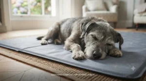 Older rescue dog resting comfortably on a pressure-relieving self-cooling mat for dogs to help soothe joints during warm weather.