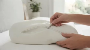 Side sleeper resting comfortably on a firm cooling memory foam pillow, keeping their head and neck aligned to ease tension.