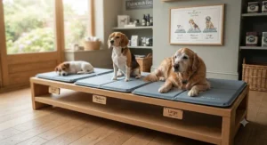 Size comparison chart of small, medium, and large cooling mats suitable for different dog breeds.