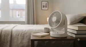 A compact personal fan sitting comfortably on a narrow bedside table next to a book and a reading lamp.