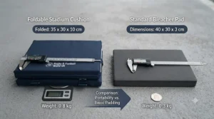 Infographic showing exact dimensions and weight specifications of portable stadium cushions and bleacher cushions side by side.