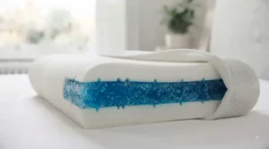 Side-by-side comparison showing a flat standard pillow sagging versus a supportive cooling memory foam pillow maintaining its shape.