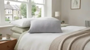 Stylishly dressed bed featuring a cooling pillowcase coordinated with neutral-toned bedding in a modern home interior.