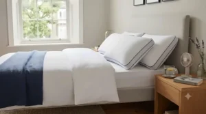 A light summer bed setup featuring a cooling pillow to help beat sticky, humid nights in the UK.