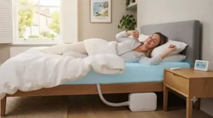 Relaxed person enjoying a cool, comfortable night's sleep during a humid UK summer heatwave using an innovative bed cooling system.