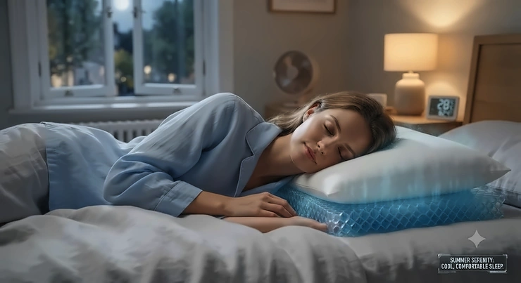 A person sleeping comfortably during a warm summer night, supported by a gel cooling pillow insert. gel cooling pillow insert vs memory foam cooling pillow