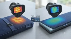 Thermal imaging graphic comparing heat build-up on a standard garden chair pad versus a temperature-regulating cooling cushion.