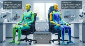 Infographic demonstrating heat dissipation and temperature reduction on a cooling seat cushion.