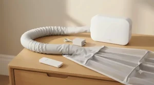 Complete kit of an under-sheet bed cooling system showing the quiet motor base, flexible air hose, and breathable airflow mattress attachment.