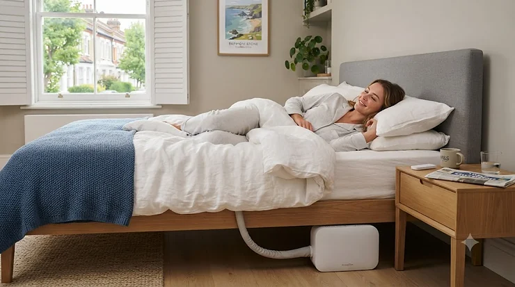 Modern under-sheet bed fan unit with a sleek handheld controller set up on a British double bed, providing quiet cooling during warm summer nights. under-sheet bed fan