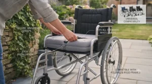 A versatile cooling cushion securely fitted onto a standard NHS-style manual wheelchair.