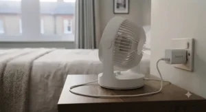 A portable USB-powered mini fan plugged into a wall adapter, showcasing energy-efficient cooling for compact UK bedrooms.