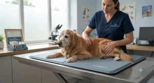 British vet examining a senior dog lying on a therapeutic cooling mat to ease stiff joints.