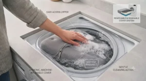 A removable, machine-washable protective cover being zipped off a wheelchair cooling cushion.