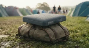 A durable, waterproof cooling seat pad resting on a backpack, ideal for unpredictable British weather at outdoor events.
